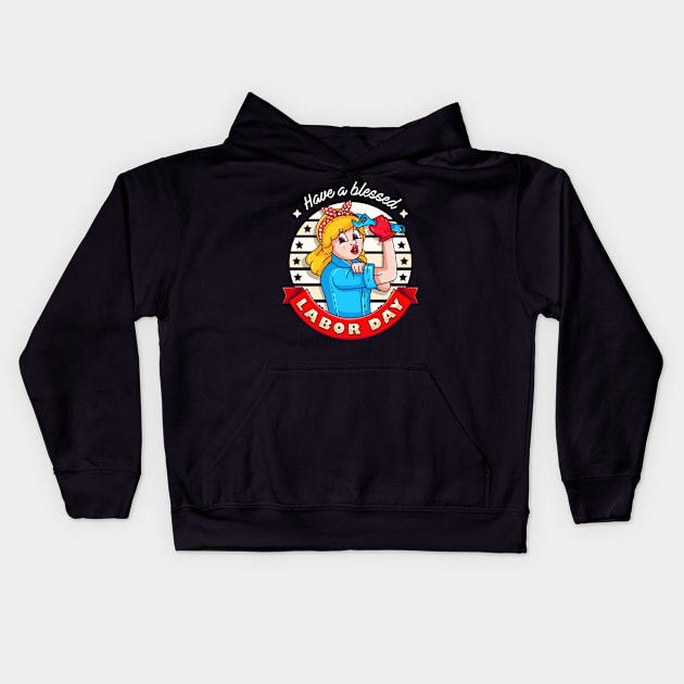 Labor Day. Retro cartoon lady showing off muscles while holding a wrench Kids Hoodie by Vyndesign